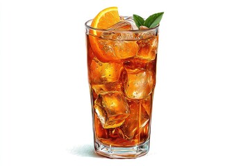 Iced tea in tall glass garnished with orange slice and mint