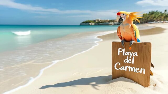 Tropical parrot on Playa del Carmen beach sign