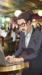 Cartoon style businessman working on laptop in cafe