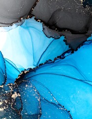 Abstract artwork with flowing blues, blacks, and golds