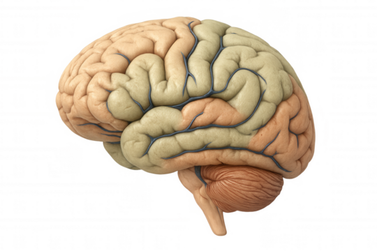 Realistic 3d rendering of a human brain highlighting veins and arteries, isolated on transparent background, perfect for medical illustrations