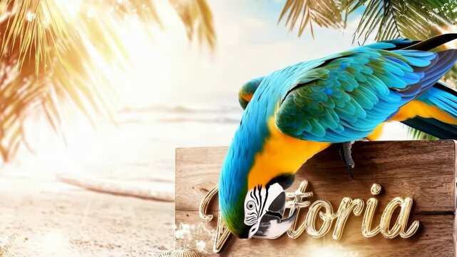Blue and yellow parrot on Victoria beach sign at sunset