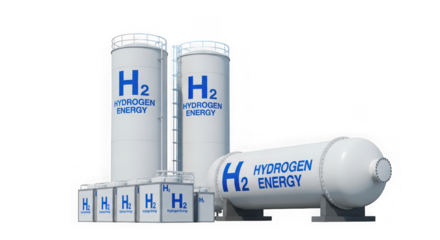 Hydrogen energy storage tanks and cylinders isolated on transparent background