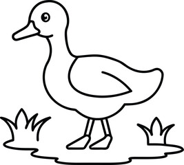 Obraz premium Vector art of simple line drawing of a duck standing in grass, suitable for coloring or educational purposes