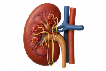 Detailed 3d rendering showing kidney anatomy, revealing renal vasculature, ureter, and surrounding tissue structures against transparent backdrop