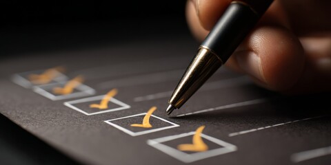 Hand Completing Checklist with Check Marks on Dark Background for Task Management and Productivity Visualization