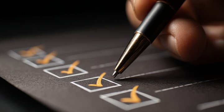Hand Completing Checklist with Check Marks on Dark Background for Task Management and Productivity Visualization
