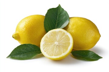 Two whole and one sliced lemon with leaves