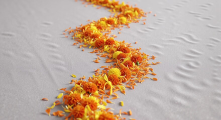 Wavy line of marigold flower and petal on light gray background for Dia de los Muertos. Day of the Dead flower path. Traditional decoration.
