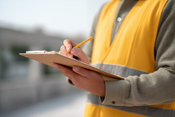 Clipboard with pencil held by professional worker in yellow safety vest, industrial documentation and workplace safety concept