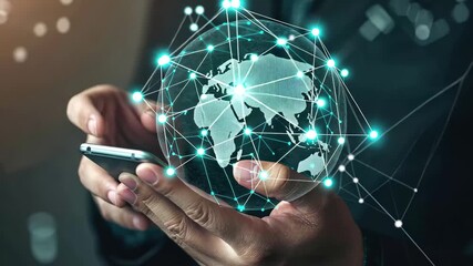 A businessman interacts with a smartphone displaying a digital globe, representing global connectivity, in a modern office setting during the evening - Powered by Adobe