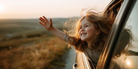 Joyful child with flowing hair enjoying a road trip, hand out of car window at sunset