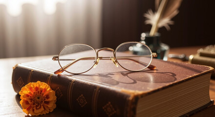 Glasses on a vintage book with marigold flower. Day of the Dead celebration concept. Ofrenda decoration. Remembrance and tradition.