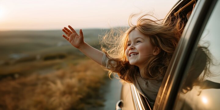 Joyful child with flowing hair enjoying a road trip, hand out of car window at sunset