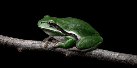 Fototapeta premium Vivid Green Frog Perched Gracefully on Branch Surrounded by Lush Foliage in a Natural Habitat Highlighting the Beauty of Wildlife and Nature