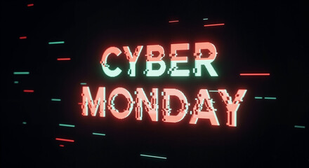Cyber Monday text with digital glitch effect on a dark background. Holiday sale advertisement with pixelated style and abstract lines.