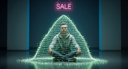 Man sitting in a digital data pyramid, illuminated by a neon "sale" sign. Cyber Monday shopping with technology concept.