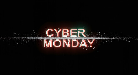 Neon pixel text displaying “Cyber Monday” with glowing particles on dark studio background. Online shopping sale, digital promotion.