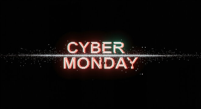 Neon pixel text displaying “Cyber Monday” with glowing particles on dark studio background. Online shopping sale, digital promotion.