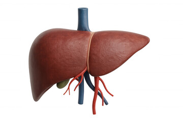 Detailed 3d medical visualization rendering human liver anatomy, displaying portal vein, hepatic artery, and bile duct against transparent background