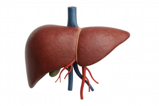 Detailed 3d medical visualization rendering human liver anatomy, displaying portal vein, hepatic artery, and bile duct against transparent background