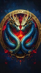 Obraz premium Two dragons face each other in a framed design