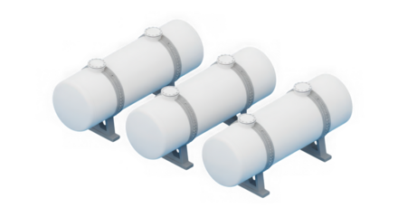Three white cylindrical storage tanks with grey supports isolated on transparent background