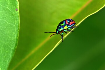 Colorful Jewel Bug (Chrysocoris stolli) on Green Leaf Macro in Bangladesh