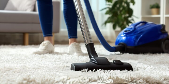Woman using vacuum cleaner on plush carpet in modern living room with cozy atmosphere