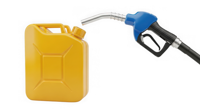 Yellow jerrycan with a fuel nozzle isolated on transparent background