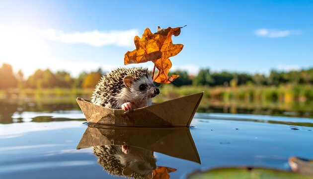 A hedgehog sails in a paper boat on a lake, using a leaf as a sail, with autumn foliage backdrop