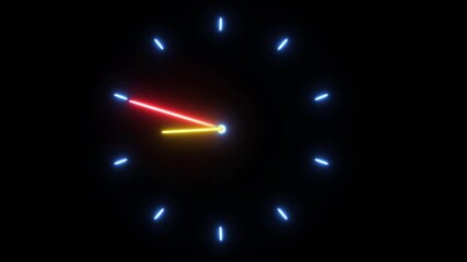 A neon clock with a red hour hand, a yellow minute hand, and blue hour markers against a black background, indicating a specific time