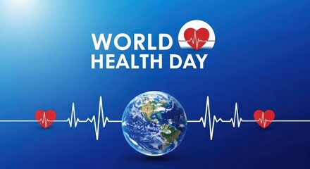 World health day celebration with globe heartbeat and heart symbols