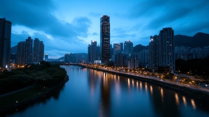 Naklejka premium Serene Urban Landscape at Dusk With Reflections in Water and City Lights Glimmering in Blue Hue