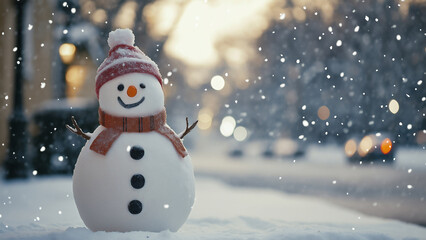 A small snowman in the city in the evening
