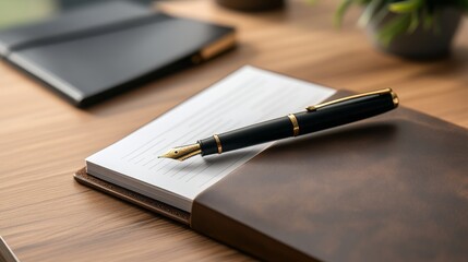 Elegant Fountain Pen Resting on Blank Notebook Page with Minimalist Workspace Decor