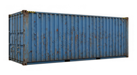A weathered blue shipping container isolated on a transparent background