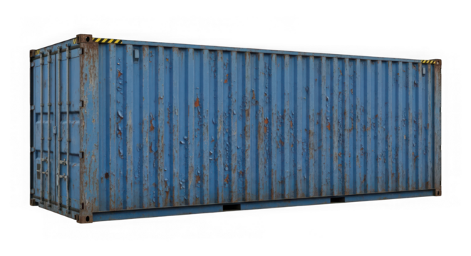 A weathered blue shipping container isolated on a transparent background