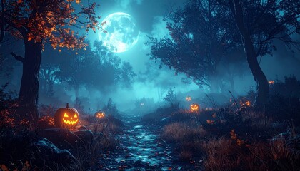 Creepy Forest Path with Fog and Moonlight