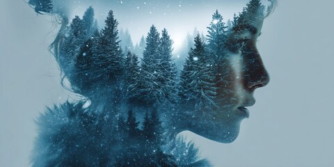 Frozen dreams envelop a silhouette amidst a serene winter forest landscape