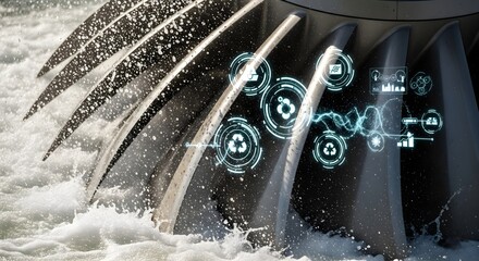 Futuristic Hydroelectric Turbine with Glowing Digital Data Overlay for Sustainable Energy Generation