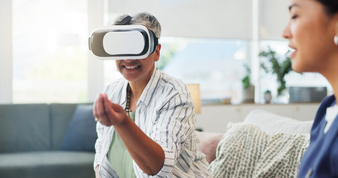 Nurse, senior woman or virtual reality in nursing home for cognitive simulation or development. Doctor, elderly or female person in retirement center with VR, 3d technology or futuristic healthcare
