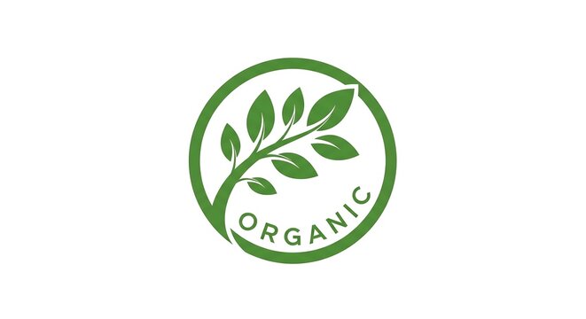 Green organic logo featuring a stylized plant branch within a circular frame.