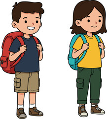 Fototapeta premium Smiling cartoon boy and girl wearing backpacks, ready for school or adventure, cute children standing happily in casual clothes illustration.