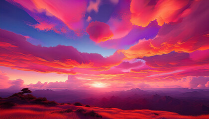Intense Sunset with Crimson Clouds and Red Grasslands Under a Purple Sky image photo