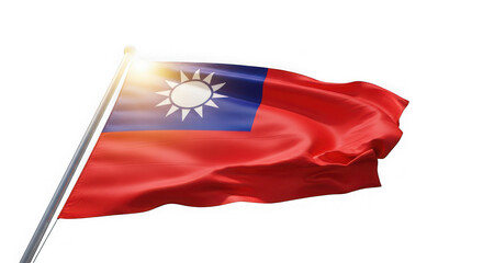 The flag of taiwan waving in the wind against a bright sun and isolated on transparent background