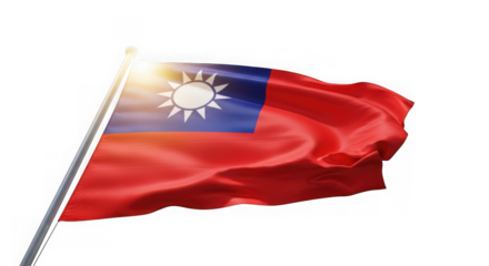 The flag of taiwan waving in the wind against a bright sun and isolated on transparent background