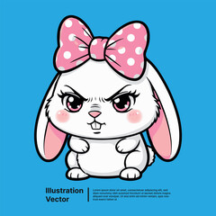 Cute cartoon bunny rabbit illustration with  a pink polka dot bow and playful holiday design