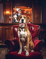 Dog in plush red chair, elegant bar background