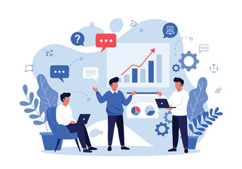 Professional business meeting in office setting with presentation on growth and strategy